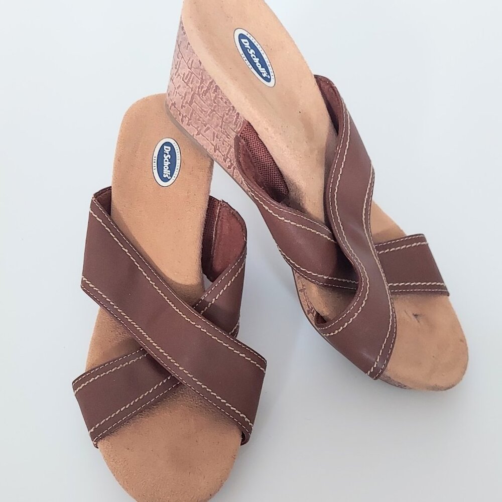 Dr. Scholls Womens Size 6 Comfort Sandals Criss Cross Strap Cork Wedge Brown